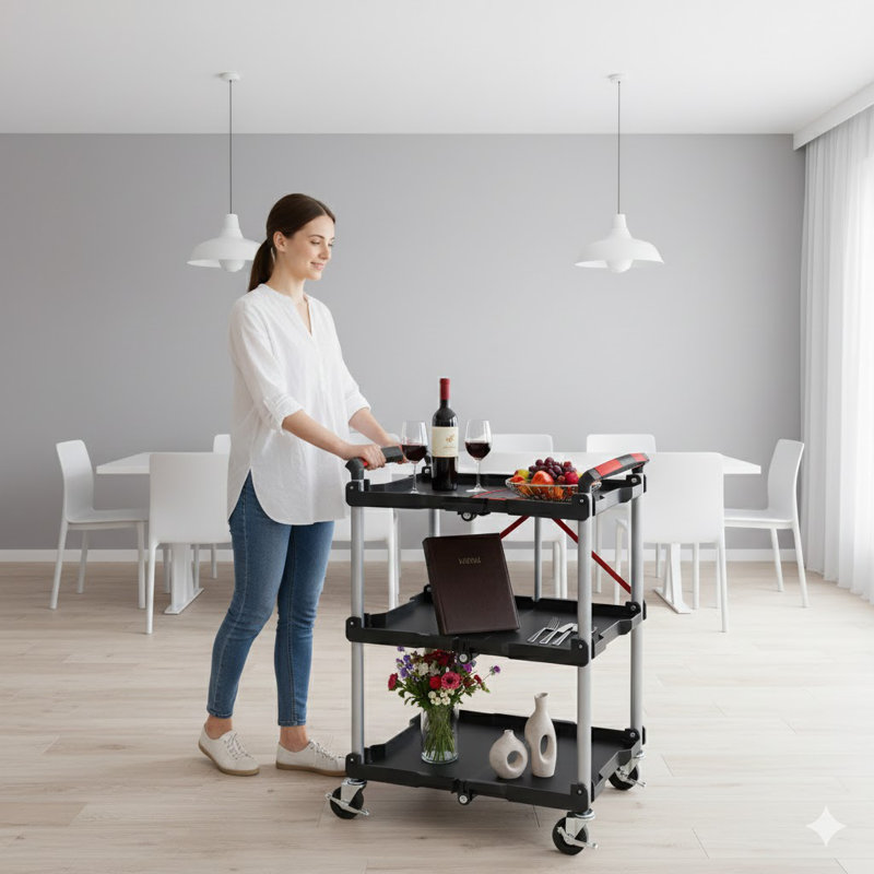 Foldable Utility Service Cart, 3 Shelf Heavy Duty Plastic Rolling Cart With 360° Swivel Wheels (2 With Brakes), Ergonomic Handle, Portable Garage Tool Cart For Warehouse Office Home