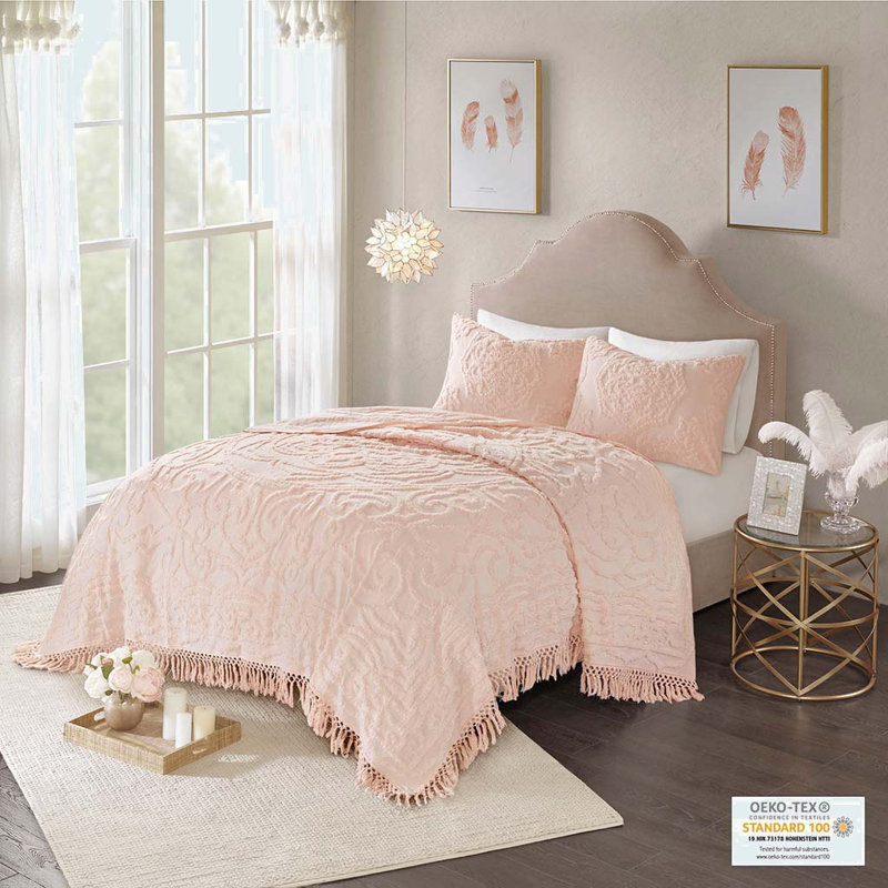 King Blush Cotton Chenille Medallion Fringe Coverlet Set