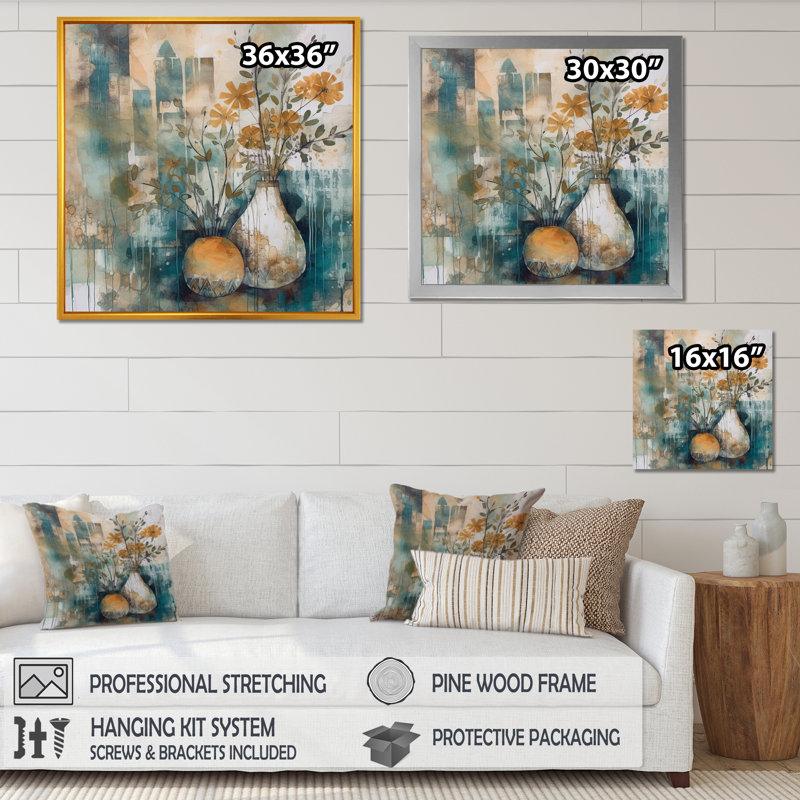 «Roseleigh Orange and Green Abstract Bohemia IV», reproduction sur toile, H 16 po x l 16 po x P 1 po, Cadre flottant noir