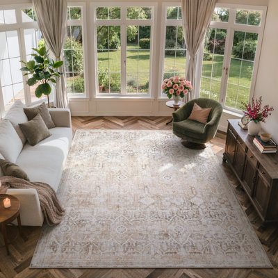 Vintage Tribal Oriental Area Rug with Non-Slip Backing - Distressed Beige Faux Cashmere Washable Rug for Bedroom & Living Room