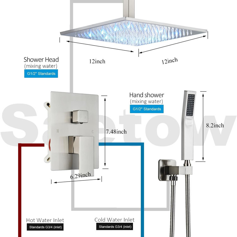 12 Inches Ceiling Mount Shower Faucets Sets Complete Shower System LED Rainfall Shower Head System Rough-in Valve Body and Trim Included