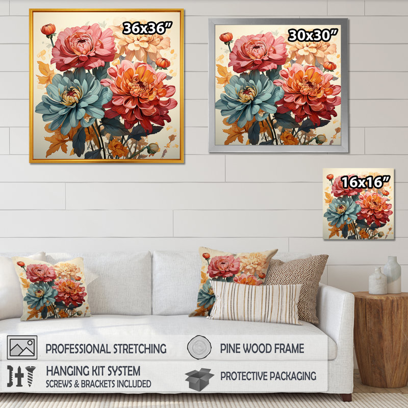 Illustration simple de Zinnia Bouquet III - Zinnias, art mural, Cadre flottant noir, H 30 po x l 30 po