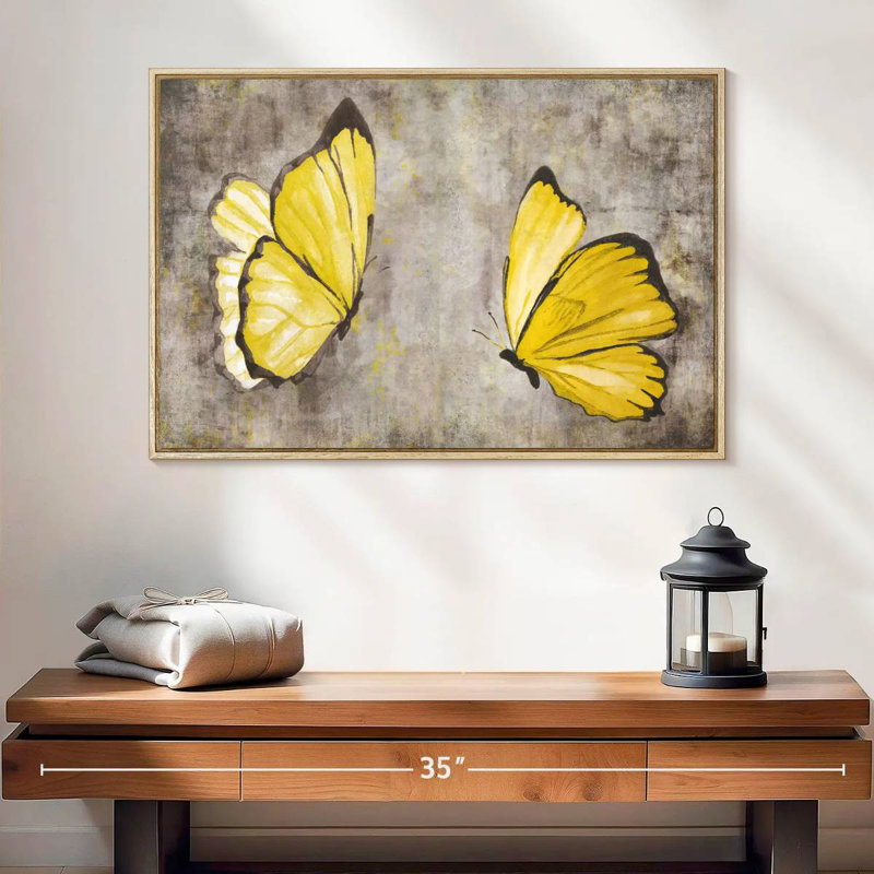 Papillons jaunes, 25 po x 17 po, Cadre flottant en bois naturel
