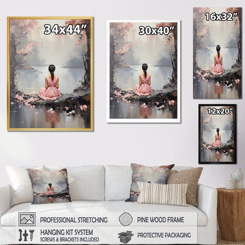 Reproduction d'art sur toile, "Pink Meditation Meditation Moments II", H 20 po x l 12 po x P 1 po, Cadre naturel flottant