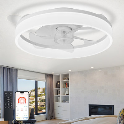 16" White Flush Mount Ceiling Fan with Light, Low Profile, App & Remote Control, 6-Speed Quiet DC Motor, Dimmable LED for Bedroom
