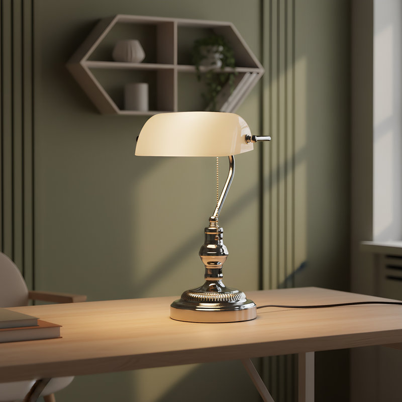 Kandace Antique Vintage  Chrome  Sleek White Glass Shade Bankers Table Lamp With Pull Switch For Living Room, White, Chrome