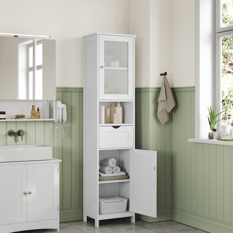 Rior Freestanding Linen Cabinet, Tall Bathroom Cabinet, with a Drawer, Adjustable Shelves, Modern Style, White