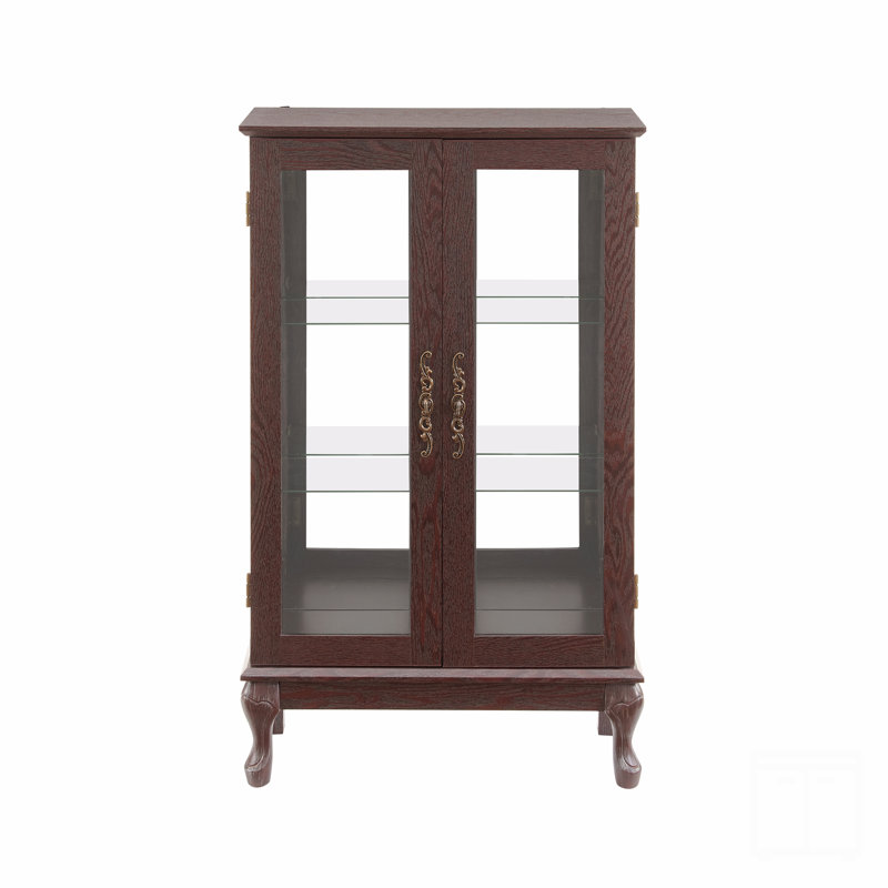 Cherry Cabinet With Tempered Glass Doors, Display Cabinet With Mirrored Back Panel & Adjustable Shelves
