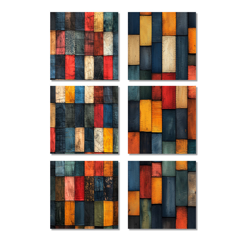 Ensemble de 6 décorations murales Red Country Patchwork - Boho Tiles, Toile tendue, Ne s’applique pas