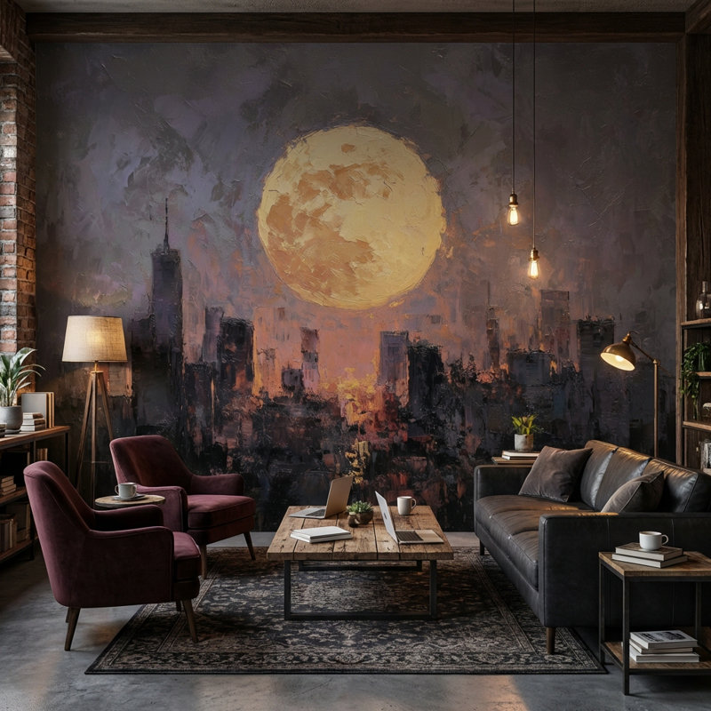 Rouleau de papier peint mural Cityscape Moon, 160 po x 108 po, Peler et coller