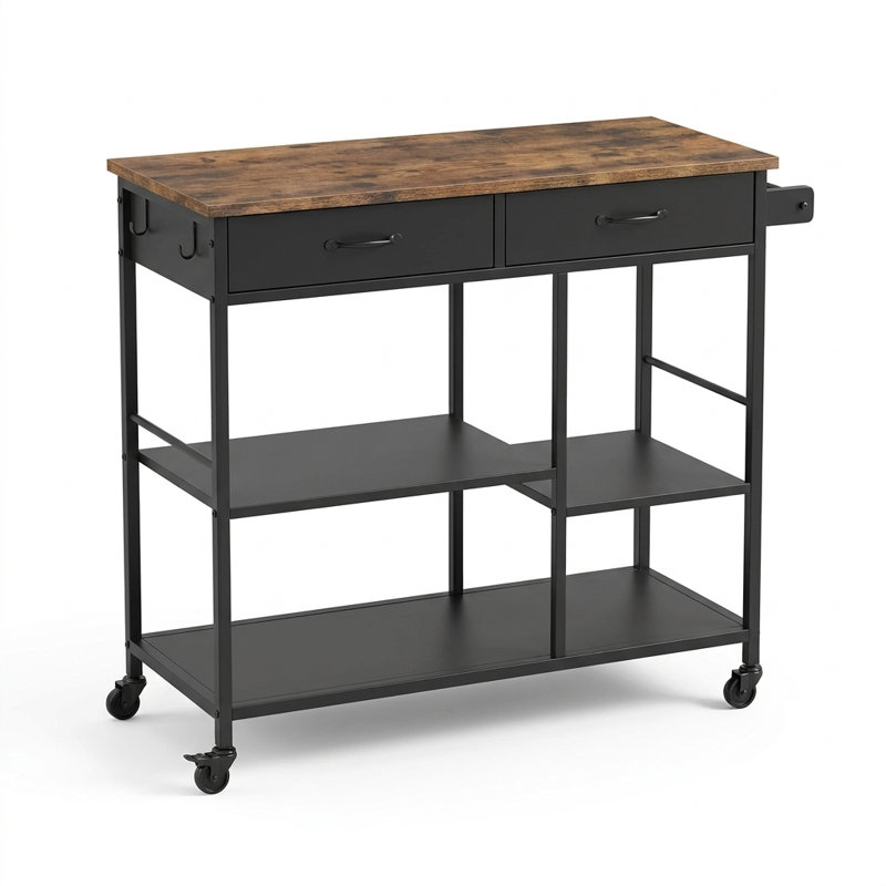 Îlot de cuisine avec abattant, chariot de cuisine roulant large avec multiprise, comptoir extensible, panneau perforé, étagère et établi réglables, beige et noir