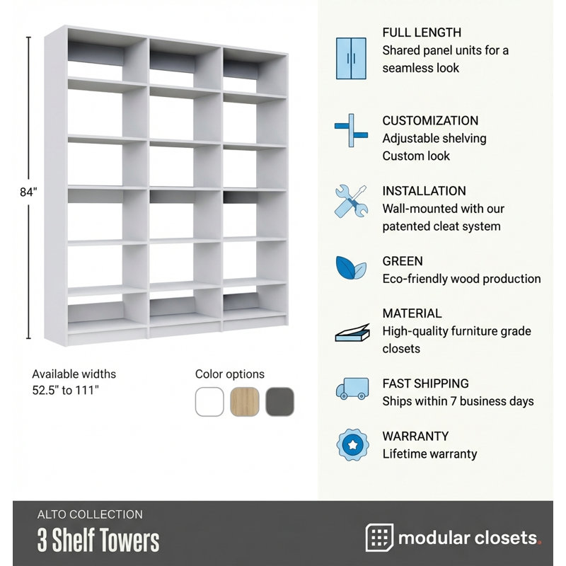 Alto 3 Shelf Towers Wall-Mounted Closet Tower System, 69" W x 84" H x 14.5" D, White, White, 69"