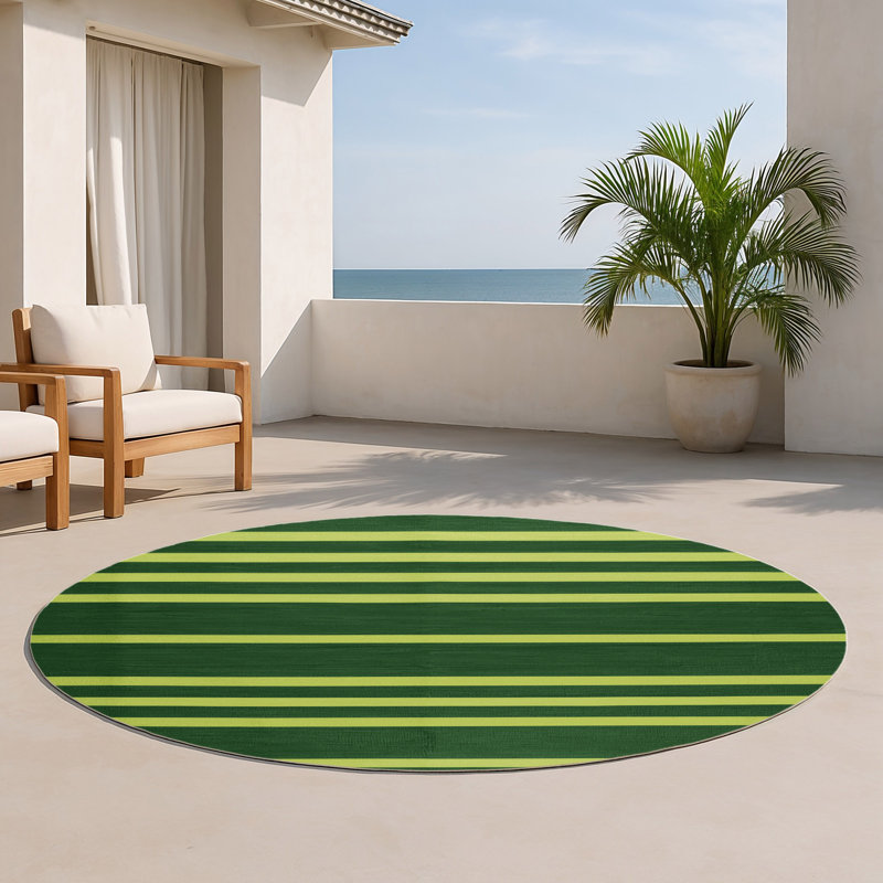 HorizontalStripes Green Indoor and Outdoor Area Rug, Round 5'