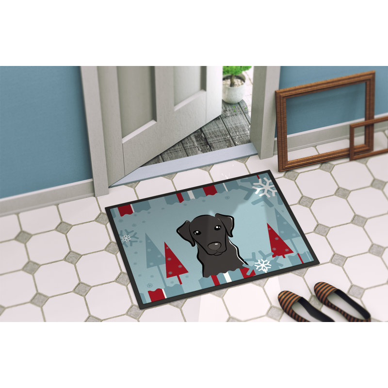 Paillasson d’extérieur antidérapant Labrador Winter Holiday, Noir / Bleu, Rectangle 1 pi 6 po x 2 pi 3 po