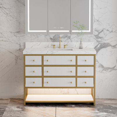 Ensemble de meuble-lavabo simple autoportant 48 po avec lumière DEL, tiroirs cannelés et comptoir en pierre Celestia