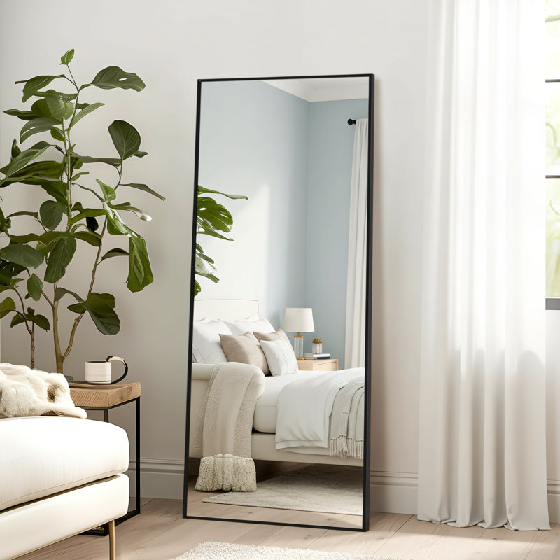 56×19 Inch Shatterproof Glass Full-Length Mirror, Aluminum Alloy Stand, Floor-Standing, Can Be Placed Upright Or Wall-Mounted, Suitable For Bedroom, Living Room, Dressing Room, Black,Rectangle