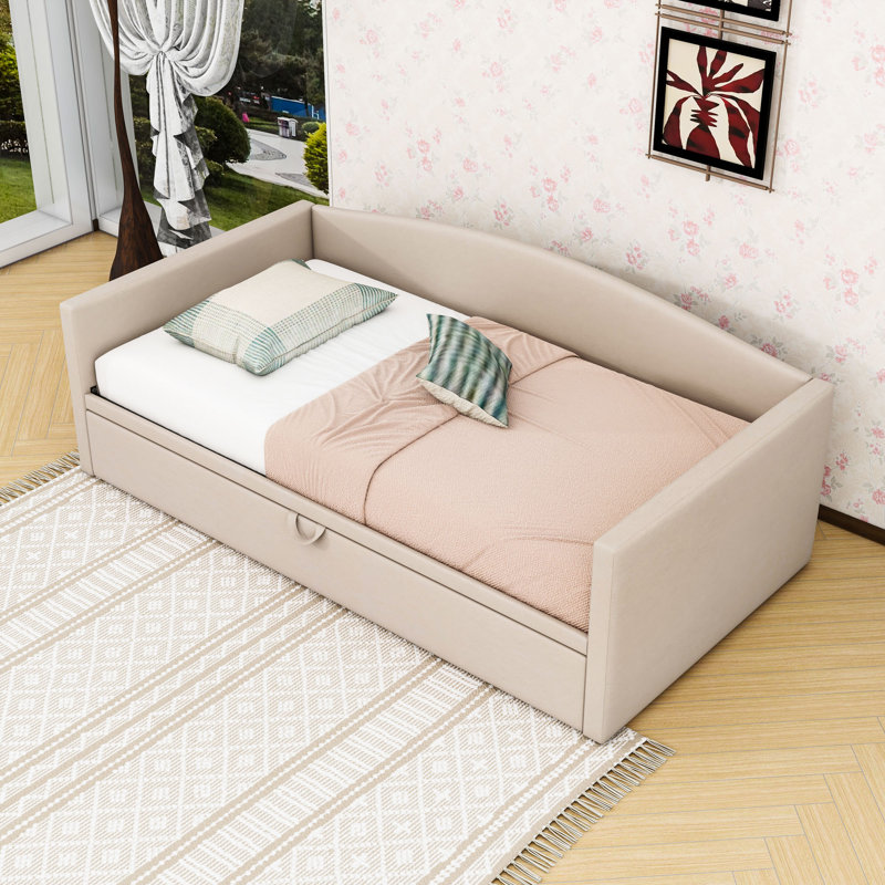 Twin Size Velvet Upholstered Daybed with Pop Up Twin Trundle, Beige
