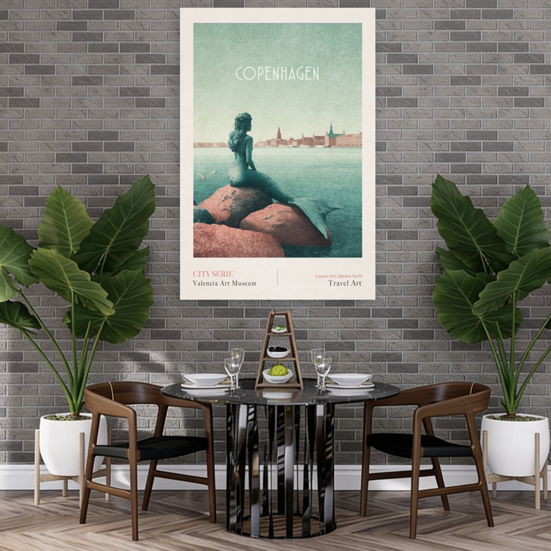 Copenhagen - Little Mermaid Classic Retro Serene City Coastal Wall Art Print by Emel Tunaboylu - Wrapped Canvas Print