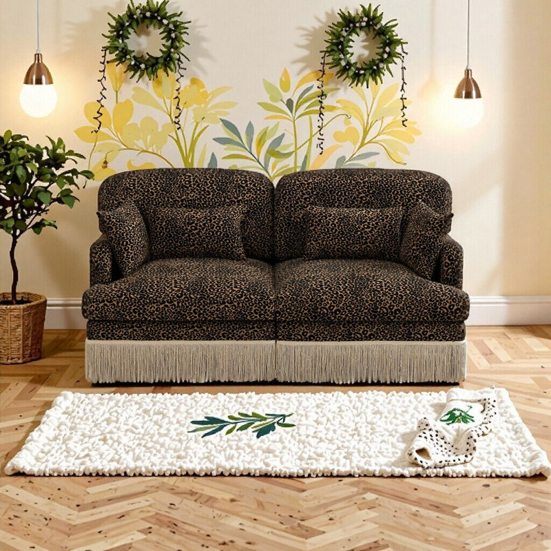 Canapé Cozy Chenille à imprimé léopard avec bordure à pampilles - Canapé modulaire moderne pour le salon, brun noir, Brun