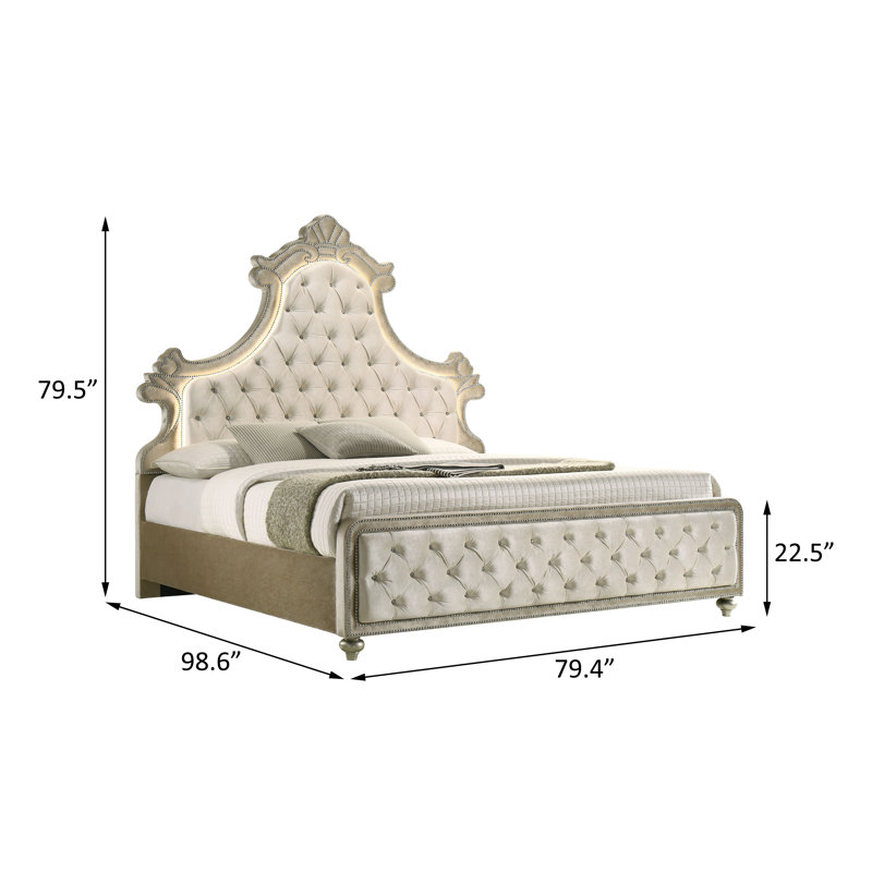Lit oriental avec DEL, velours beige, Très grand