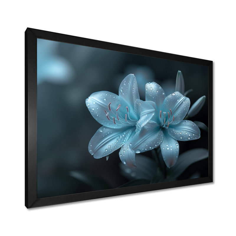 Décoration murale moderne lys monochromes bleu clair, H 12 po x l 20 po, Cadre simple noir