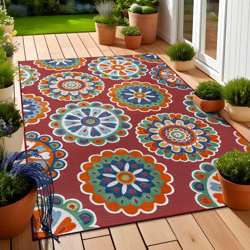 Tapis floral d'intérieur pour l'extérieur, Red, Rectangle 9' x 12'