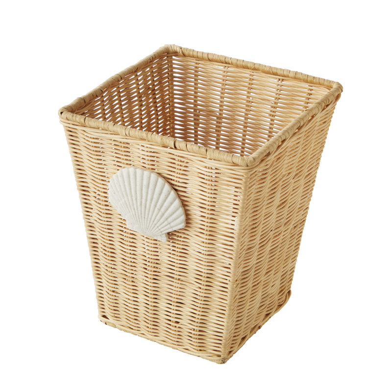 Coastal Woven Wicker Wastebasket with Seashell Accent
