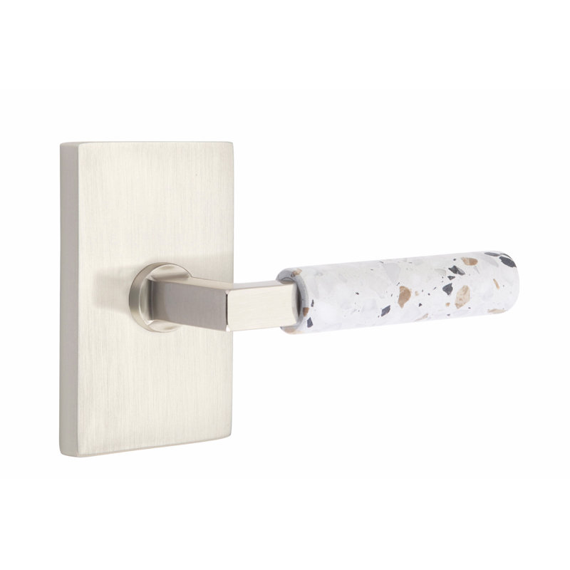 Ensemble de faux levier Emtek Select, rosette rectangulaire moderne, tige carrée en L, poignée en terrazzo clair