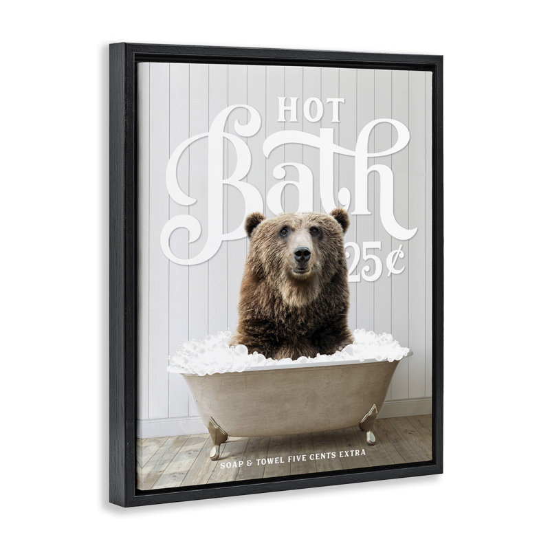 «Vintage Bathroom Bear», art mural encadré flottant par lettrage et doublure, Cadre flottant noir de jais