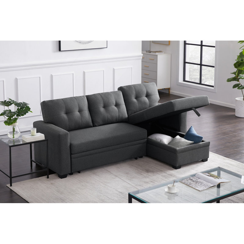 Upholstered Pull Out Sectional Sofa With Chaise, Dark Gray Linen