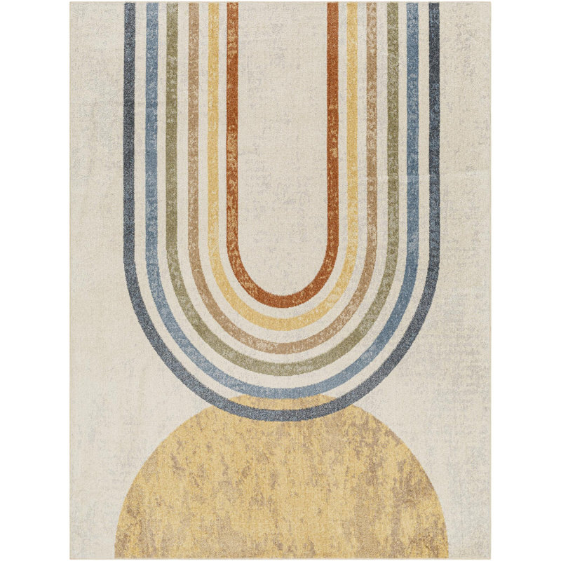 Sunny Machine Washable Modern Cream/Yellow Area Rug, Rectangle 2' x 3'
