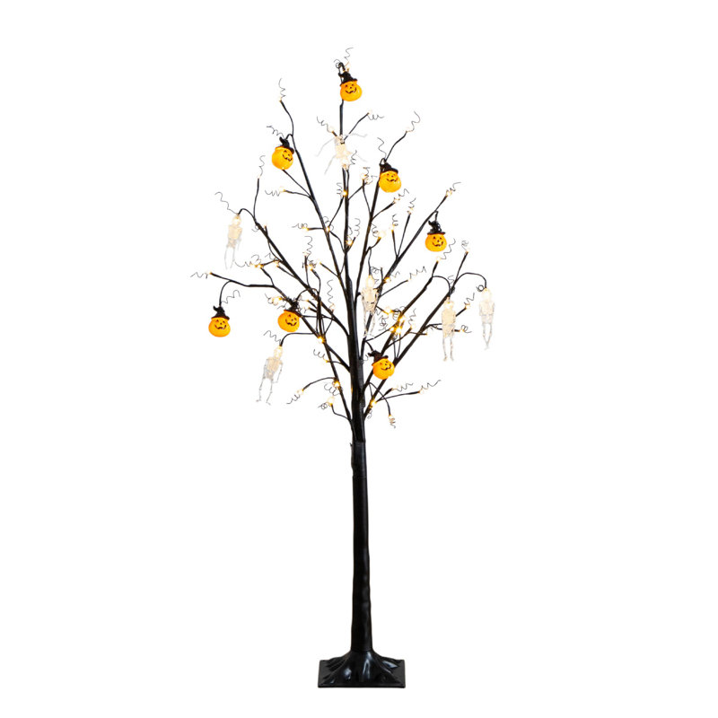 5 pi. Arbre d'ornement artificiel pré-éclairé avec citrouilles et crânes d'Halloween avec 72 lumières DEL blanc chaud