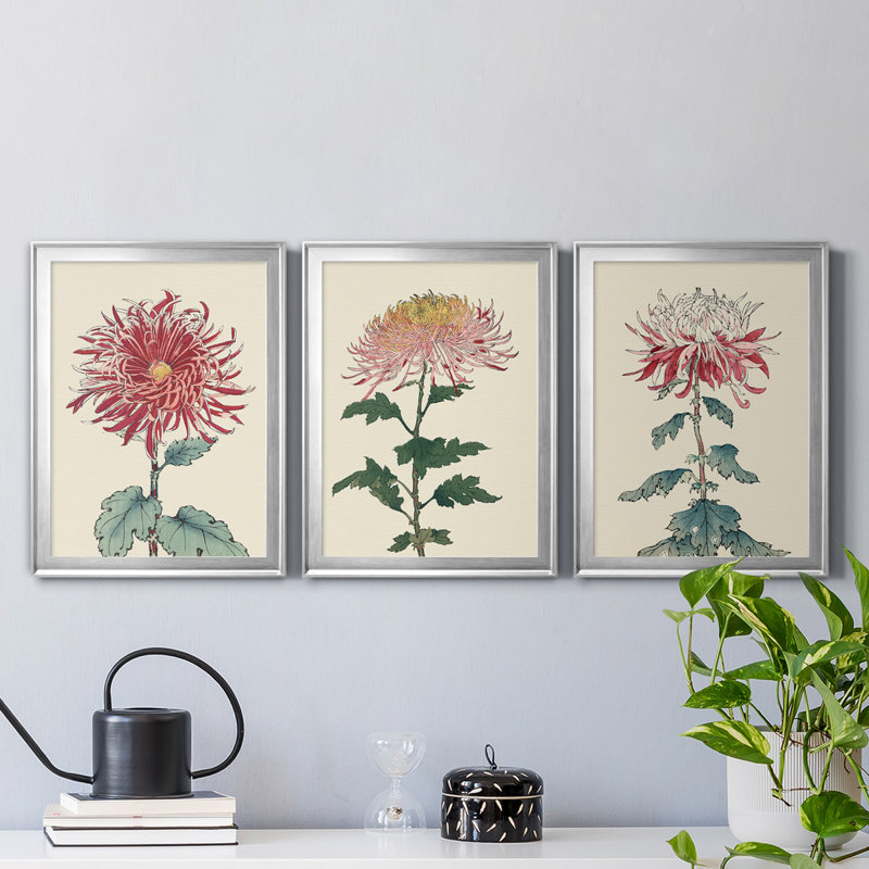 «Chrysanthemum Woodblock I», ensemble de 3 peintures sur toile encadrées, H 22,5 po x l 91,5 po x P 1,5 po, Argent