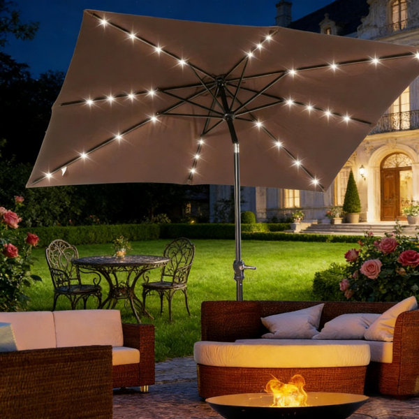 Parasol d'extérieur brun à DEL 105,6 po x 80,4 po x 97,2 po, inclinaison à bouton-poussoir, manivelle