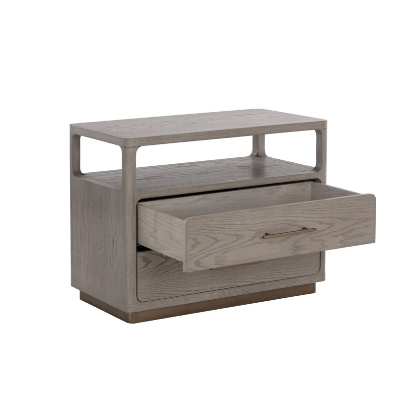 Gray Oak Veneer Nightstand with Brass Hardware