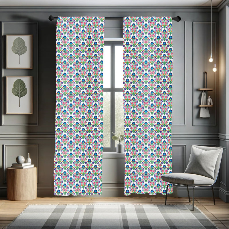 Polish Folk Art Floral Semi-Sheer Rod Pocket Curtain Panels, 28" x 95"