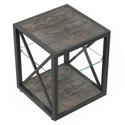 1 Piece Modern End Table Nightstand For Bedroom & Living Room, Tempered Glass& Rustic Wood Grain MDF, Industrial Style Side Table