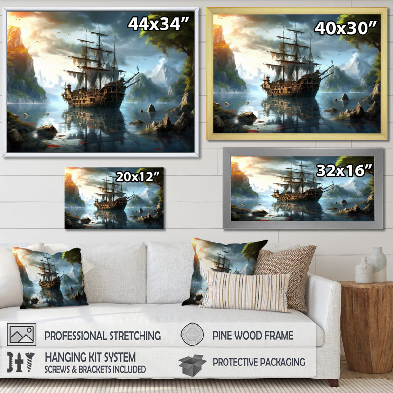 Bateau pirate en mer - art mural pirate, H 12 po x l 20 po x P 1 po, Cadre flottant brun