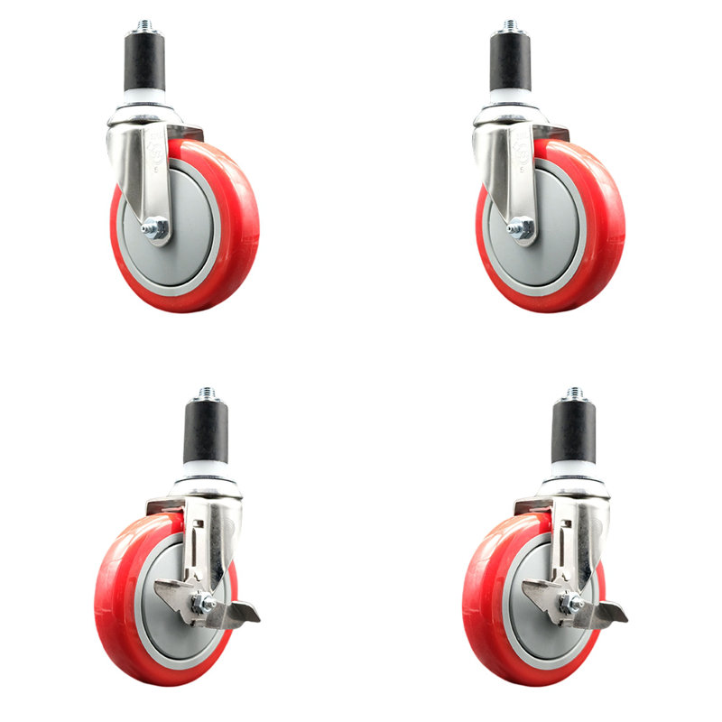 5 Inch 316SS Red Poly Swivel 1-5/8 Inch Expanding Stem Caster Set 2 Brake SCC