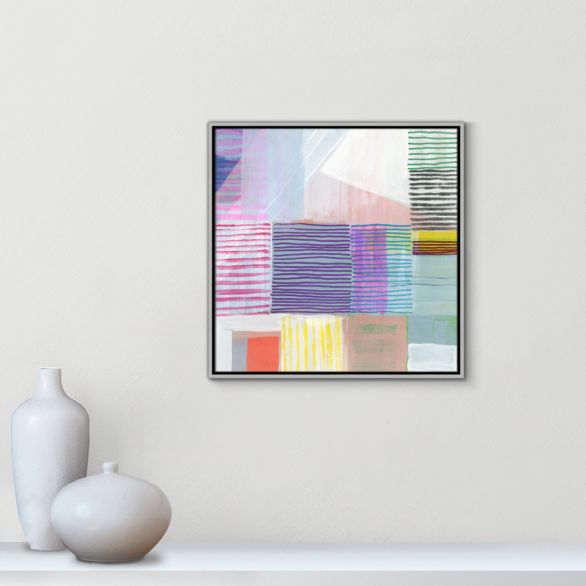 Bright Net I by Cartissi - Floater Frame Painting on Canvas, 25.5" H x 25.5" W x 2" D, White Framed