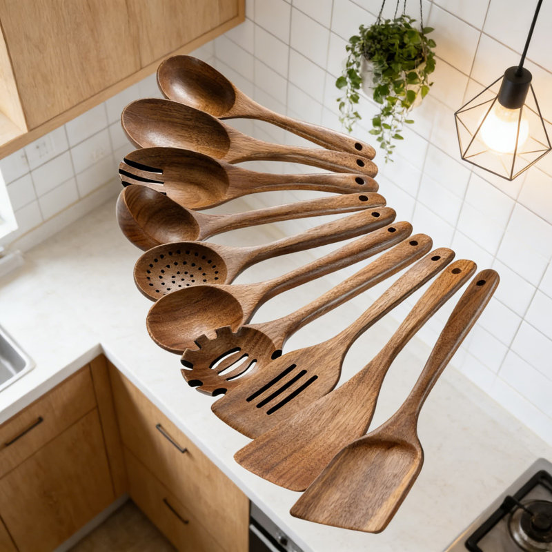 Ensemble d'ustensiles en bois d'acacia pour la cuisine, 10 cuillères et spatules de cuisine antiadhésives pour un usage quotidien, outils de cuisson en bois durables et résistants à la chaleur