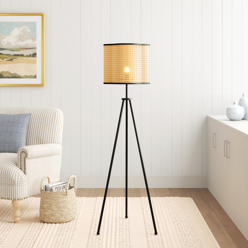 Gal 55'' Tripod Floor Lamp - Bohemian Rattan + Velvet Shade - Living Room, Bedroom, Nursey