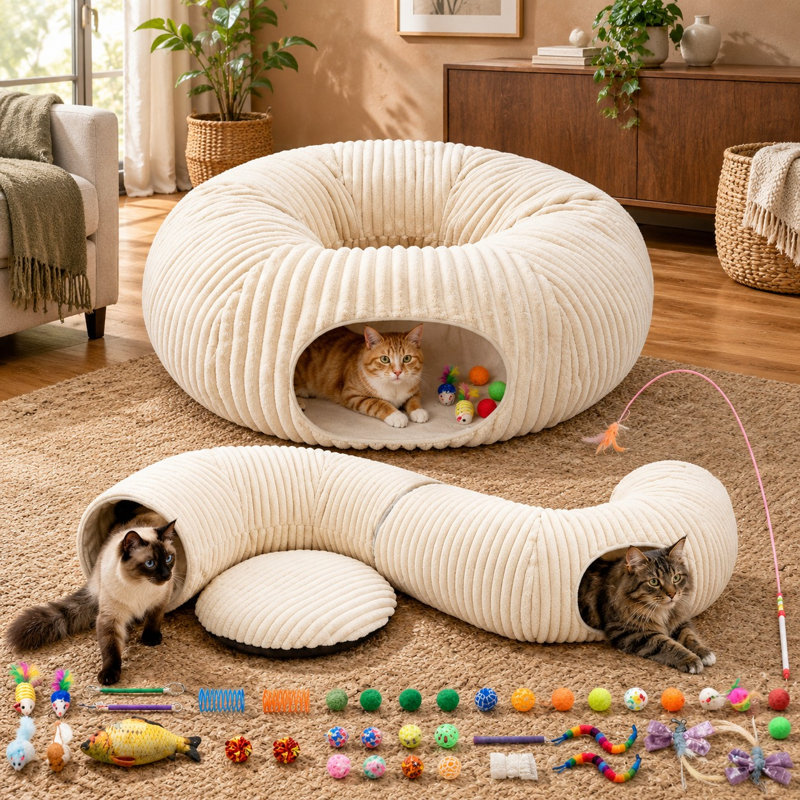 Pour les chatons d'intérieur, ce tunnel blanc pliable sert à la fois de lit et de tube de jeu, est livré avec 40 jouets interactifs pour chatons et est conçu comme un cadeau pour chat.