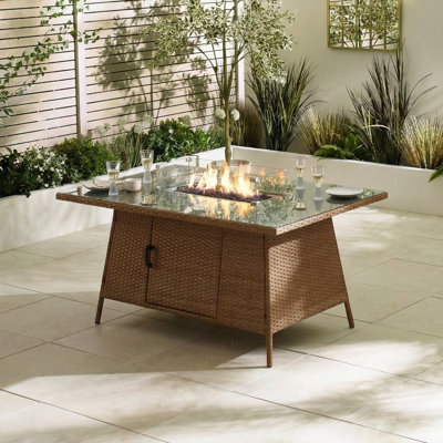 Marcella Rattan 6 Seater Garden Dining Table With Smokeless Fire Pit Table - Modern Garden Set