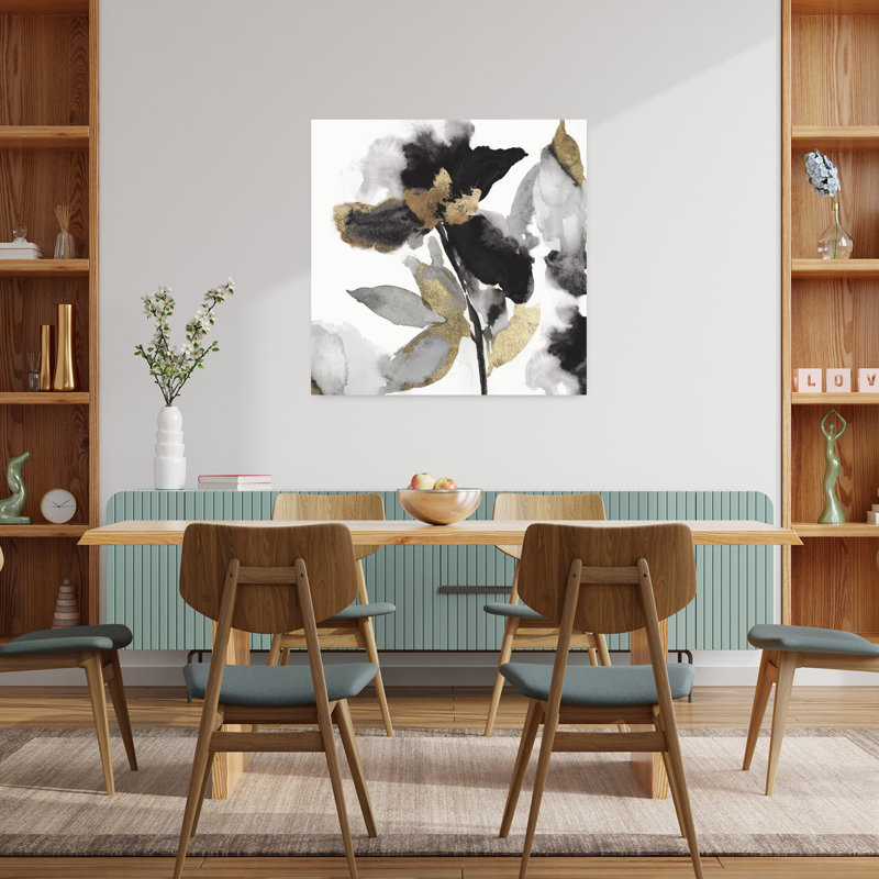 Pétales noirs, feuilles d'or II, art floral délicat et abstrait, H 36 po x l 36 po