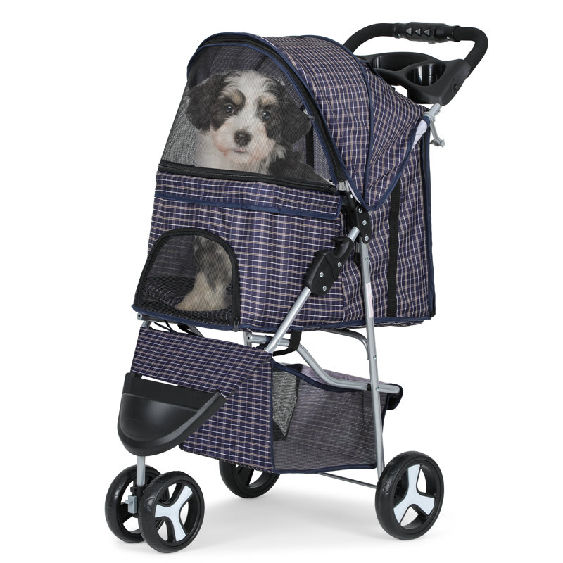 Plaid Foldable Dog Stroller with Storage and Cup Holder
