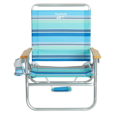  4-Position Reclining Beach Chair, Aqua Stripe Folding Beach Chair with Wooden Armrests, Cup Holder & Storage Pocket, Portable Outdoor Chair