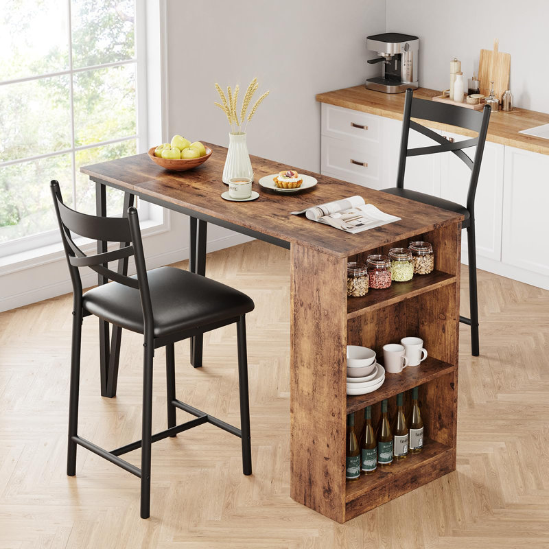 Space Saving Dining Table Set for 2, Foldable Counter Height Table with 3 Tier Storage and 2 Cushioned Stools, Brown
