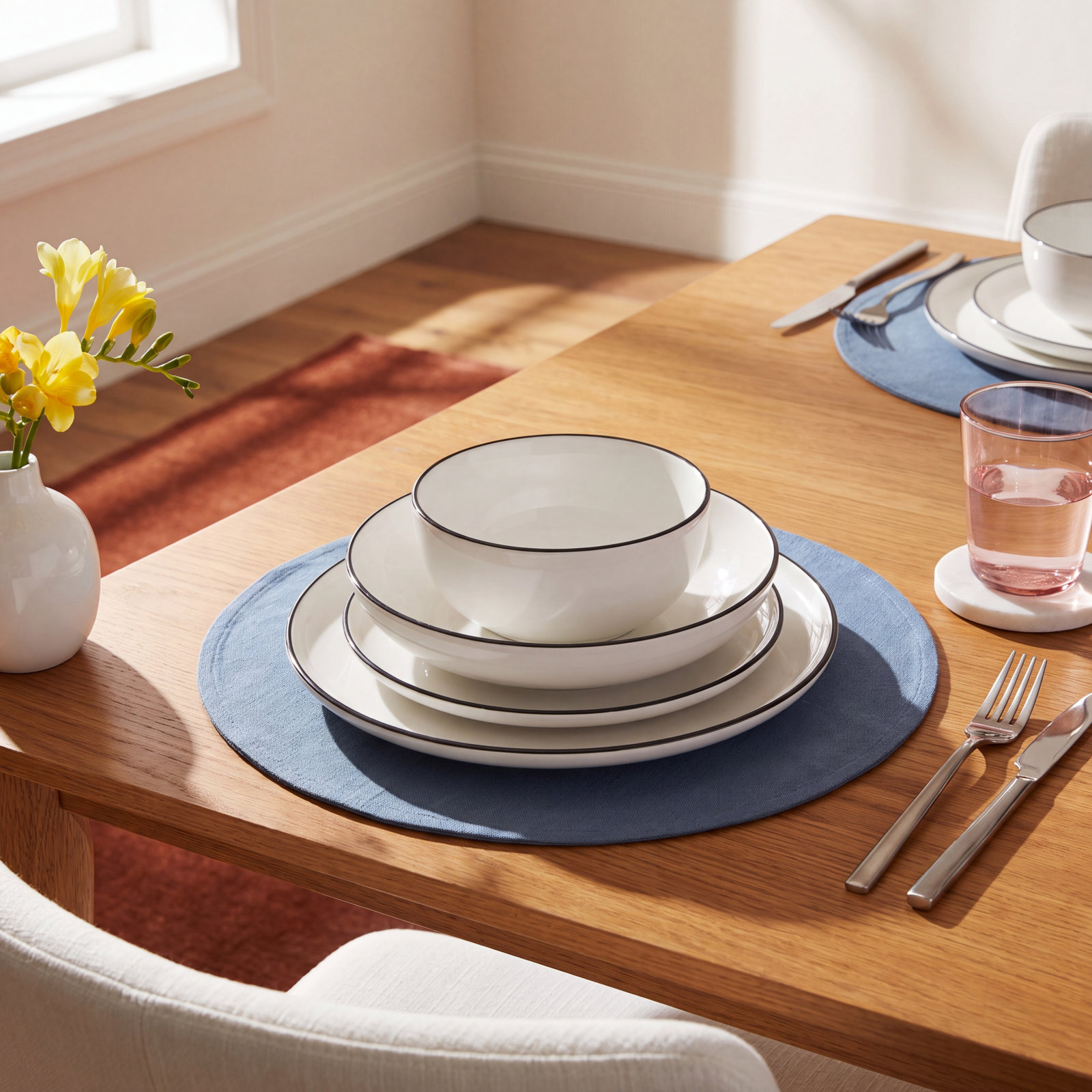 Gibson Home Oslo 16 Piece Dinnerware Set, White/Black Rim