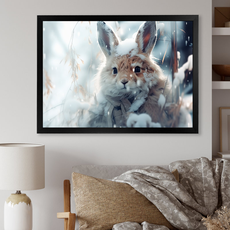 Frosty Bunny Winter Scenery - Winter Landscape, art mural, Cadre d'angle fermé noir, H 12 po x l 20 po x P 1 po